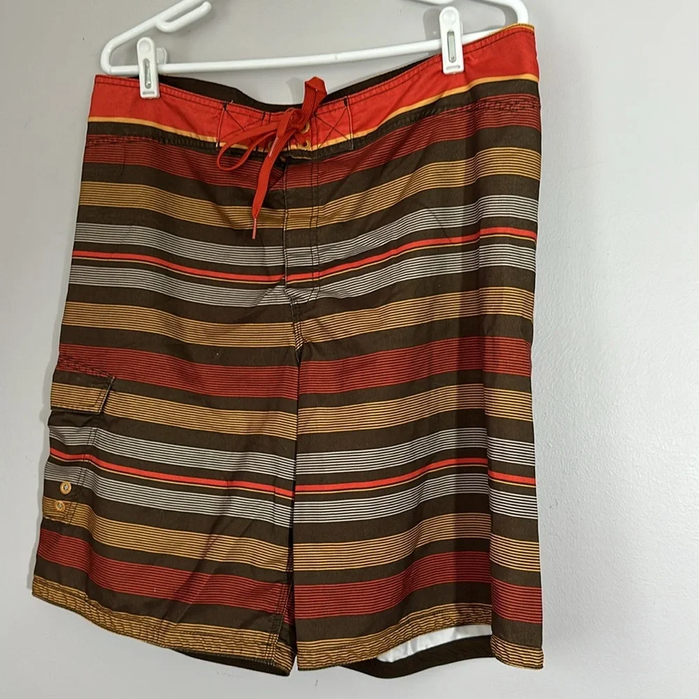 Striped Men's Swim Shorts - Red, Brown, and Tan